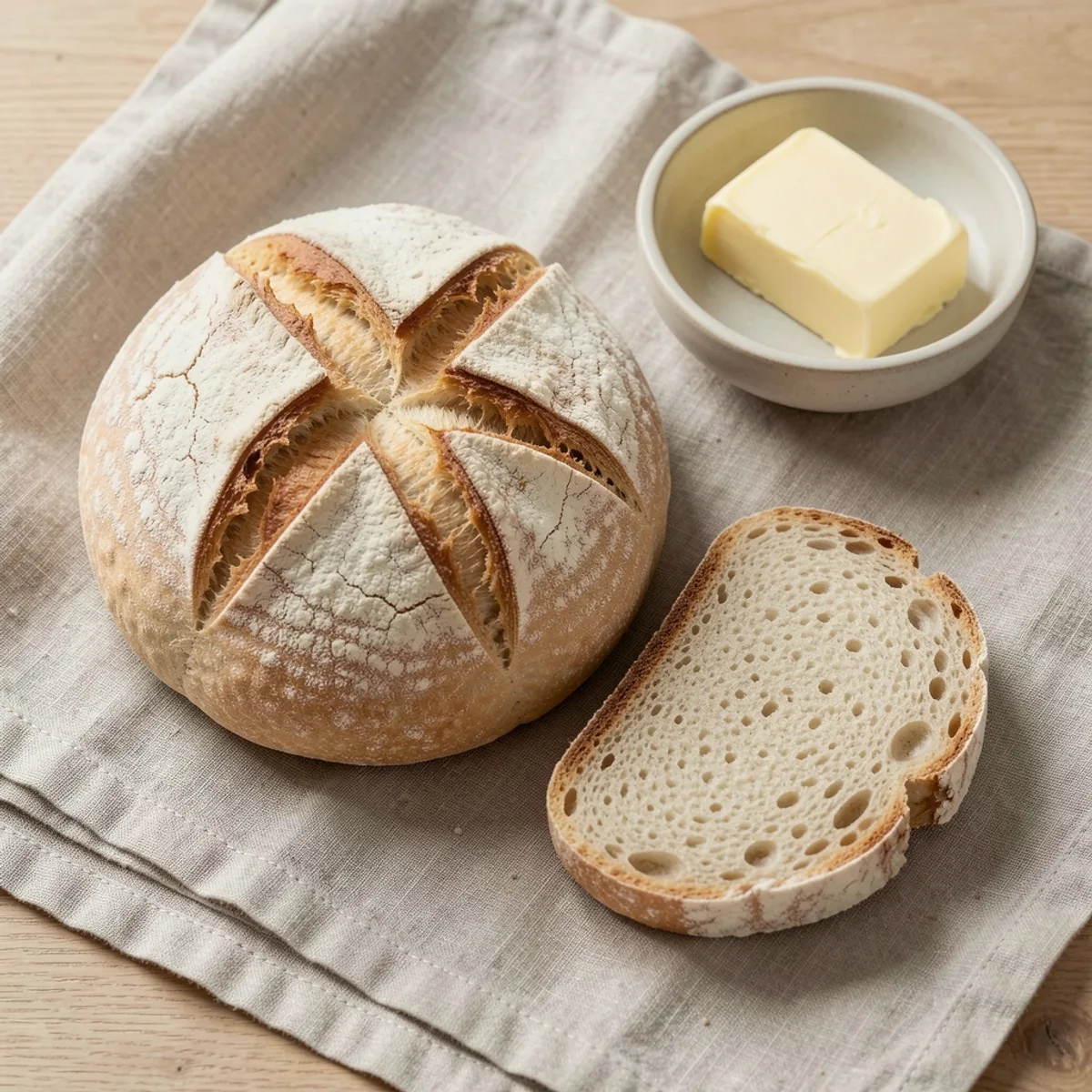 A round loaf of Irish soda bread with a deep cross cut on top and a floury crust, beside a slice and a dish of butter