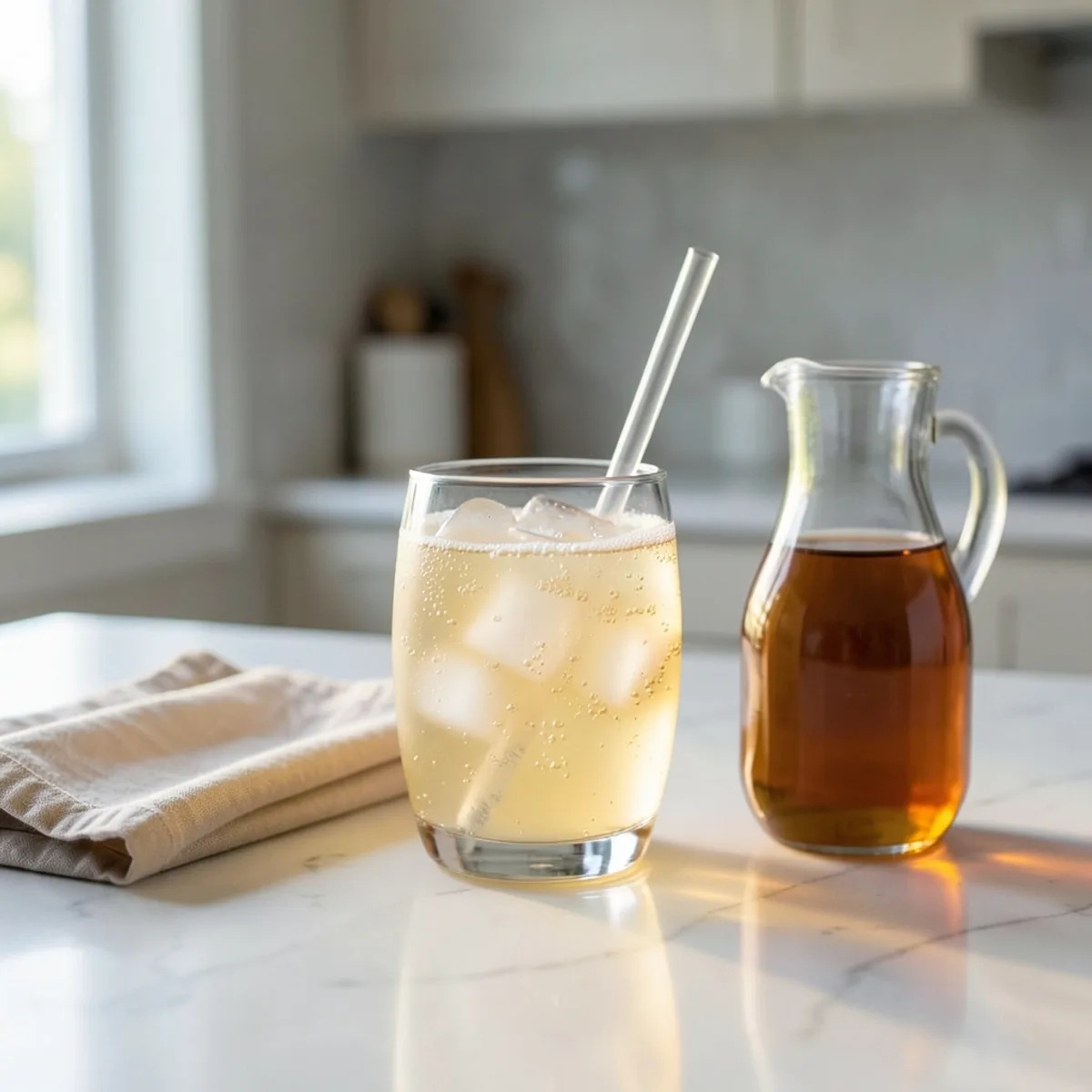 Low glass of a pale amber sparkling drink with ice and a glass straw beside a small glass carafe of apple cider vinegar