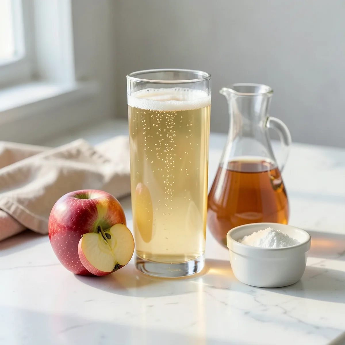 Tall glass of pale amber fizzy drink with light foam, beside a glass carafe of apple cider vinegar, a red apple and a white ramekin of white powder on marble