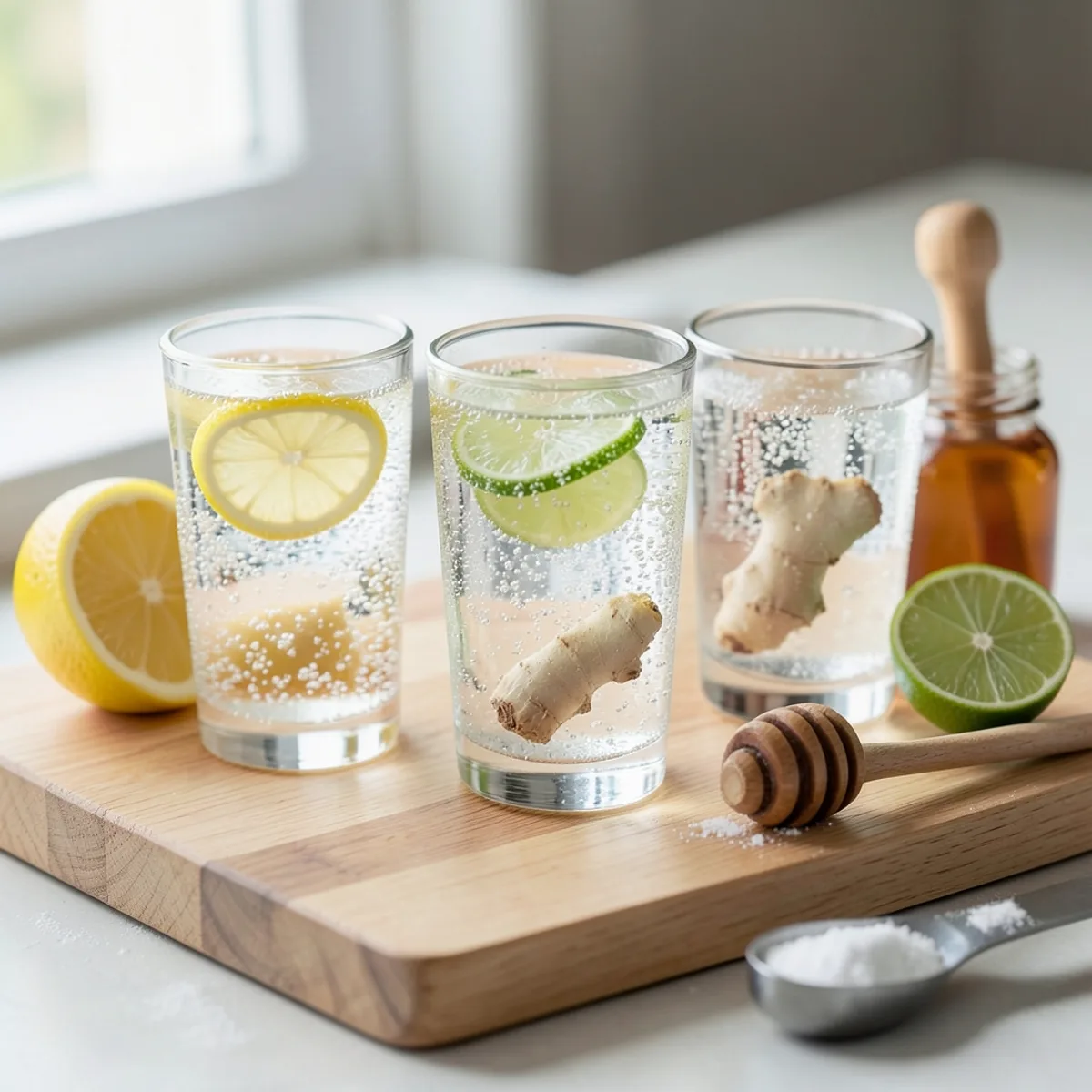 Three glasses of sparkling water with lemon, lime and ginger on a light wooden board, beside cut citrus, a honey jar and a spoon of white powder