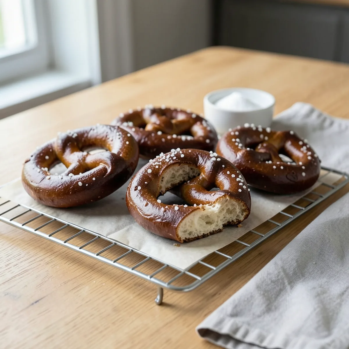 Four knotted soft pretzels with a dark brown crust and coarse salt on a wire rack lined with parchment, one broken open to show the white inside, with a small white bowl of baking soda