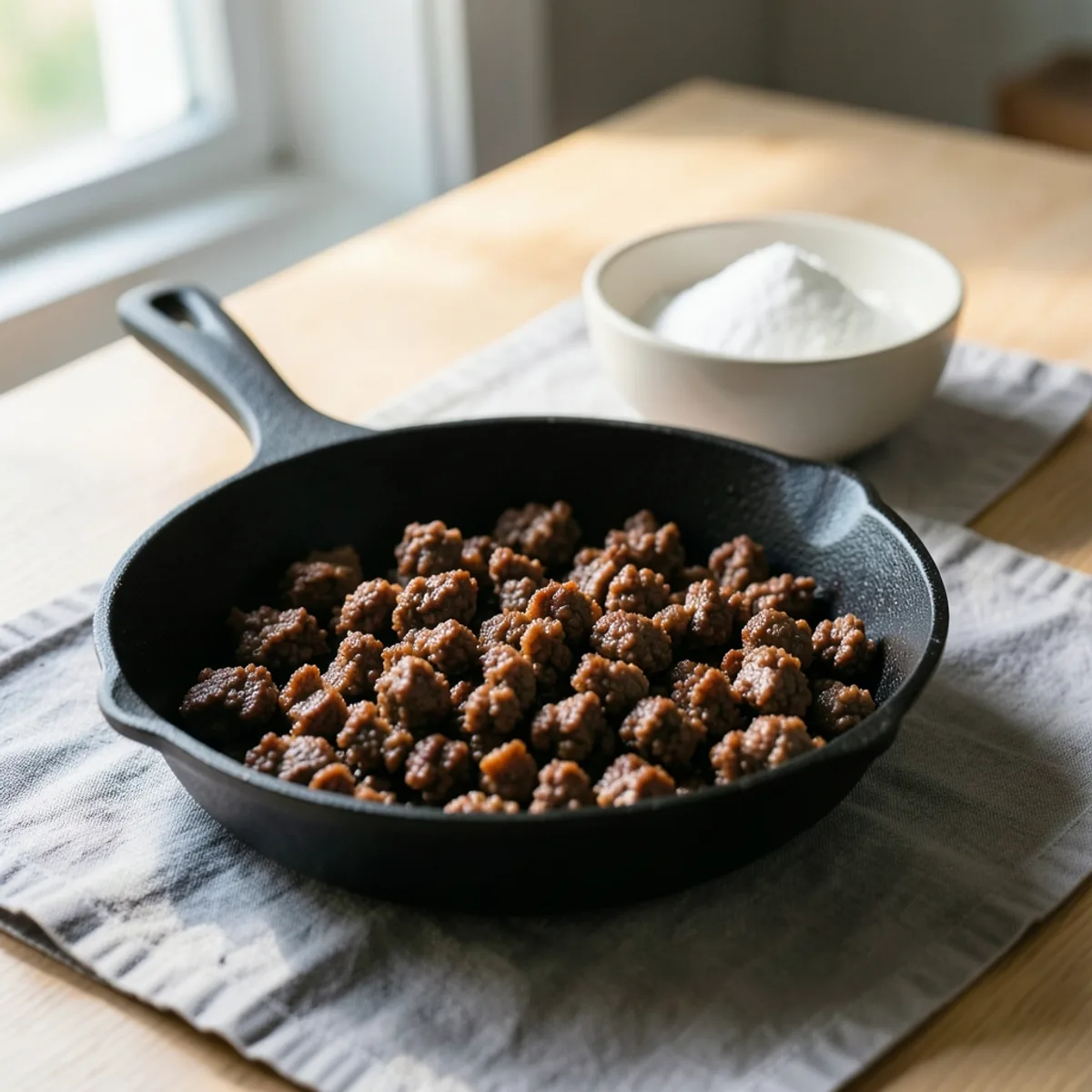 Crumbled ground beef browned in a black cast-iron skillet, with a small bowl of baking soda behind it