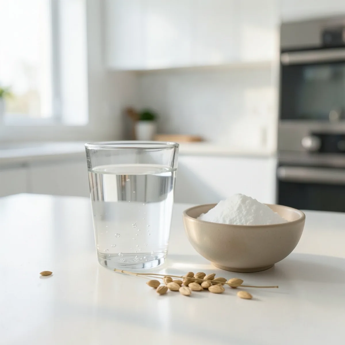 A short clear glass of water with a few fine bubbles beside a small beige ceramic bowl of white baking soda powder, with dried oat stalks on a white kitchen counter