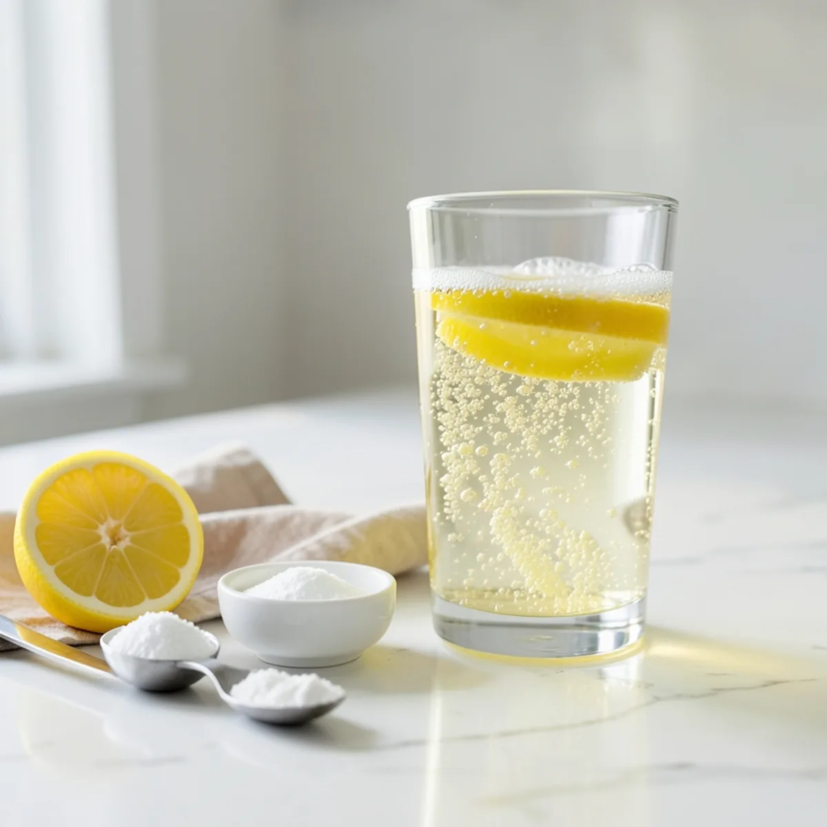 A clear glass of fizzing lemon water with a fine layer of bubbles, beside a lemon half, a measuring spoon of white powder and a small bowl of baking soda on a white marble counter