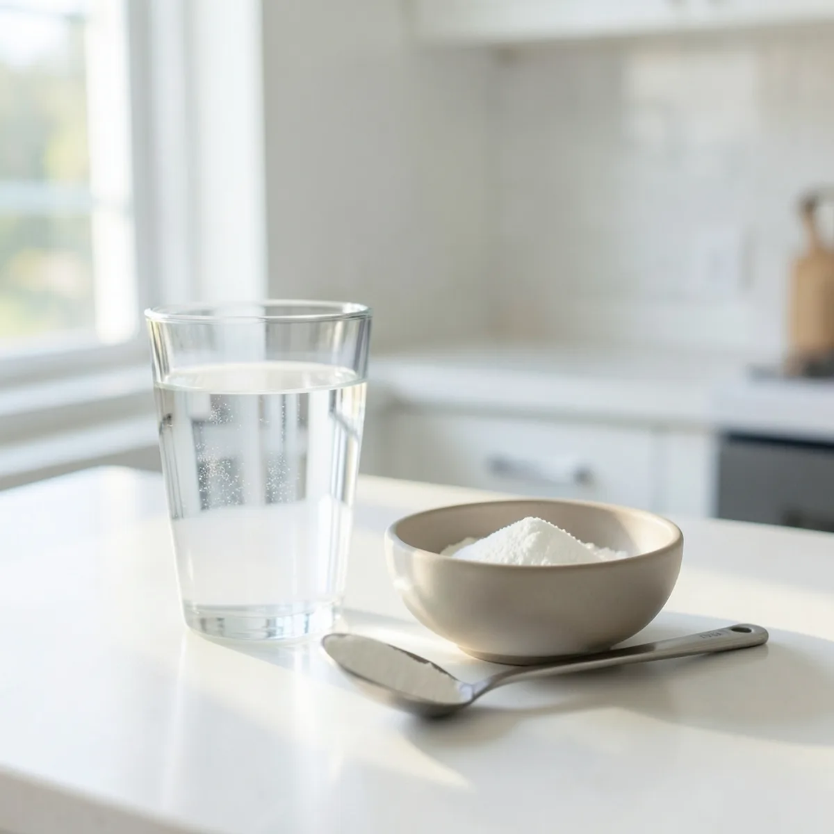 A glass of clear water beside a small ceramic bowl of white baking soda powder and a spoon on a white kitchen counter