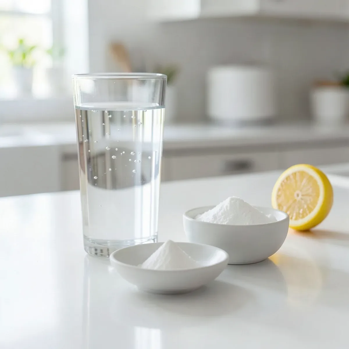 A clear glass of water with tiny bubbles beside two small white ceramic dishes of baking soda powder and half a lemon on a bright white kitchen counter