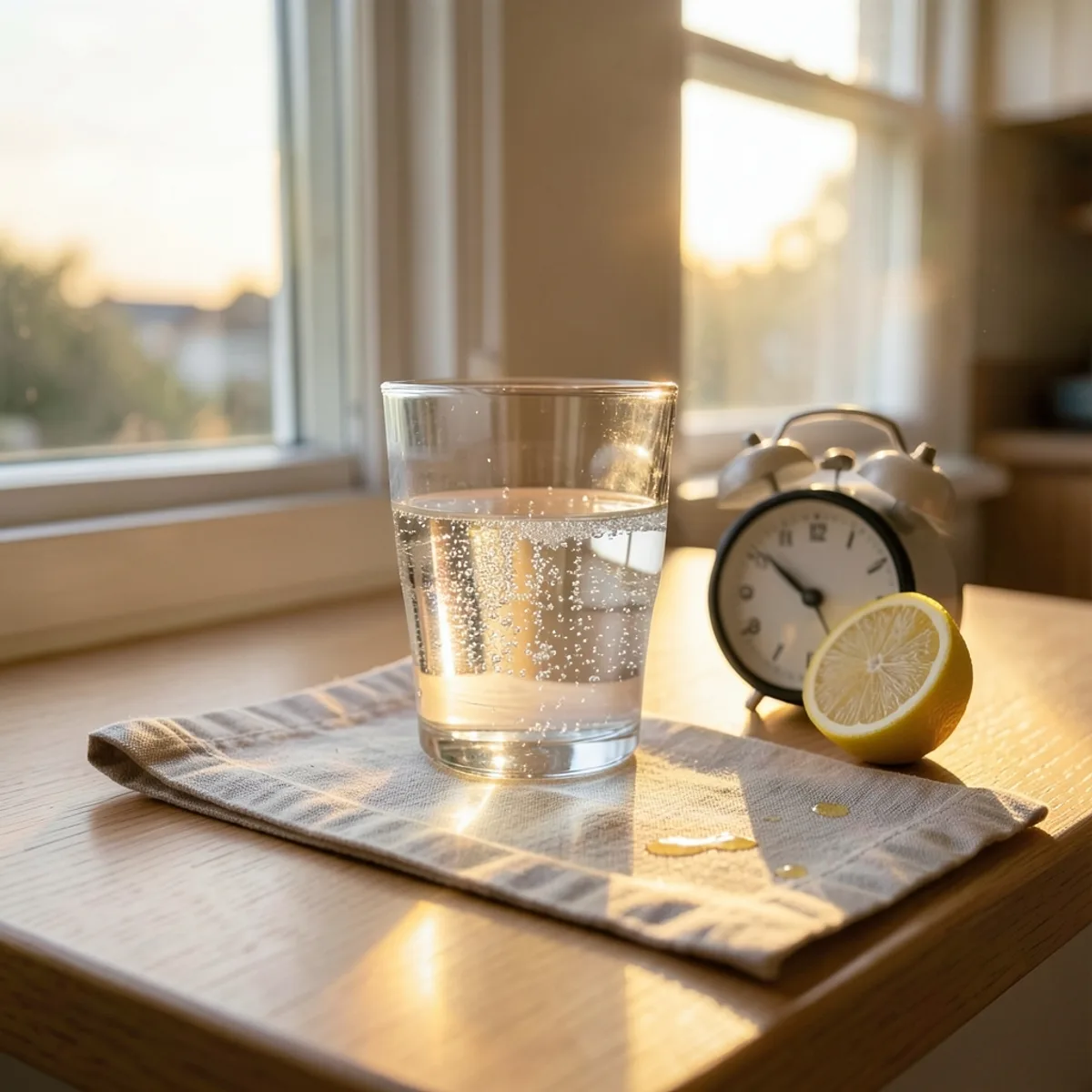 Clear glass of lightly sparkling water on a linen napkin beside an analog alarm clock and a halved lemon in golden morning light
