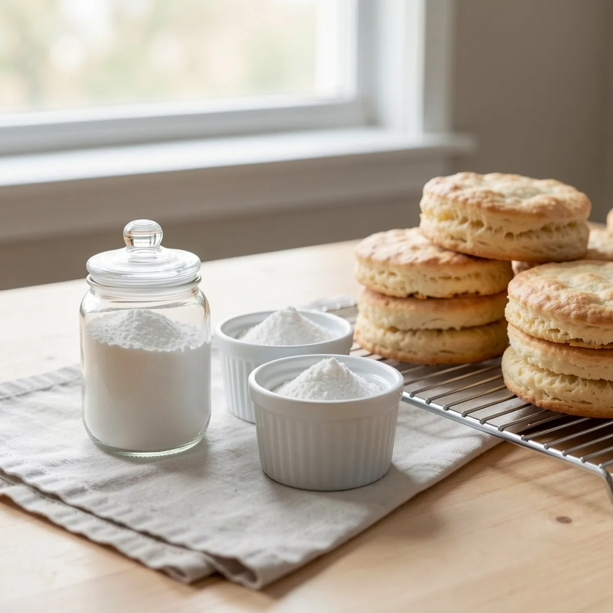 A closed glass jar and two white ramekins of white powder on a linen cloth, next to stacked layered biscuits on a wire rack by a window