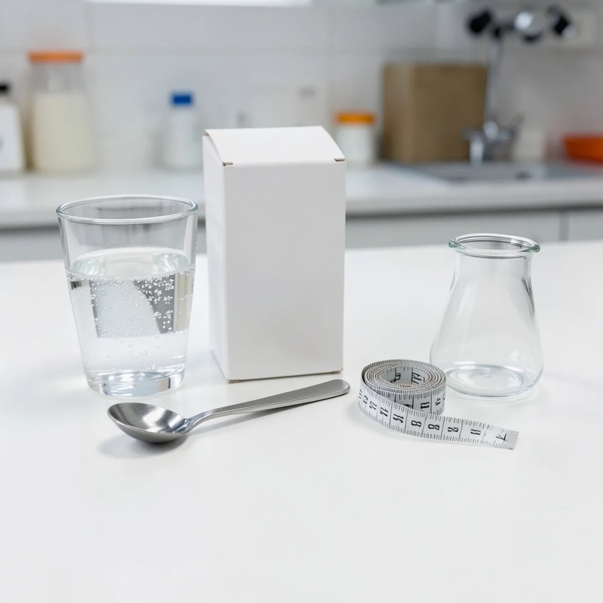 Glass of sparkling water, a plain white box, a metal measuring spoon, a coiled tape measure and a small glass beaker on a white kitchen counter