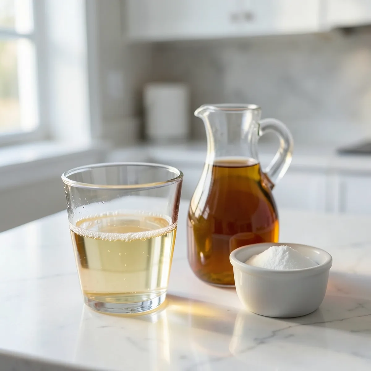 A short clear glass of pale golden water with a thin layer of small bubbles on top, beside a glass carafe of amber vinegar and a small white bowl of baking soda on a white marble counter