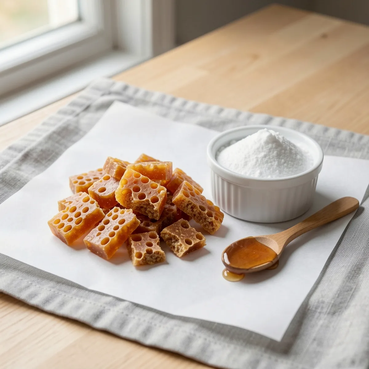 Pile of golden-amber honeycomb toffee pieces with round air bubbles on white parchment, beside a white ramekin of baking soda and a wooden spoon with honey