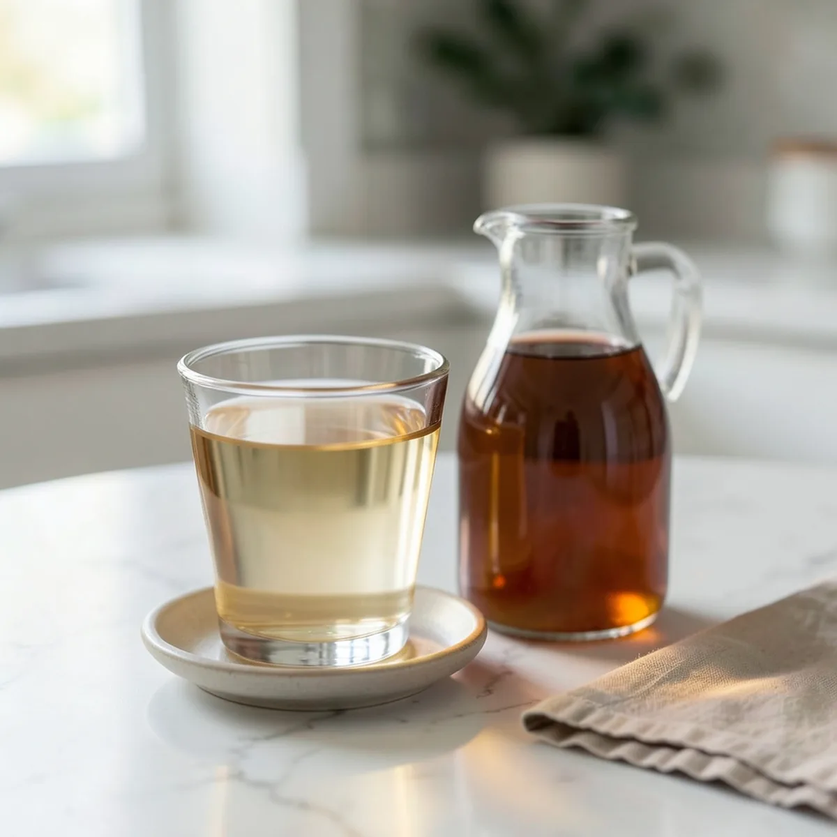A low glass of plain water with a faint amber tint on a small ceramic saucer, next to a small glass carafe of apple cider vinegar on a white marble counter