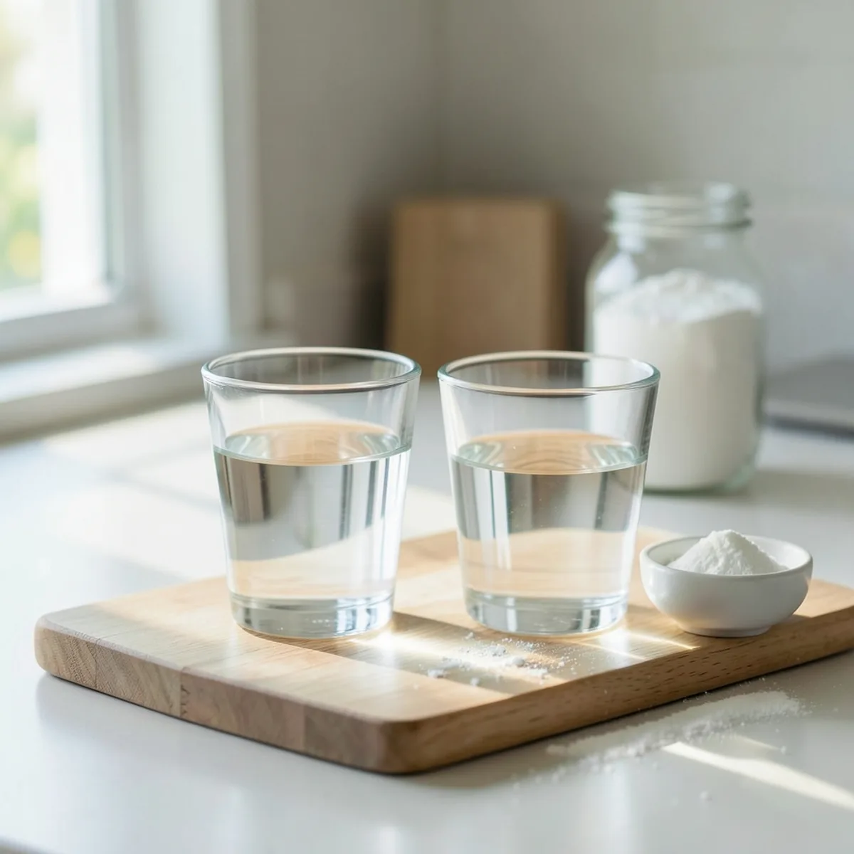 Two clear glasses of water on a wooden board beside a small white dish of white powder and a glass jar of powder