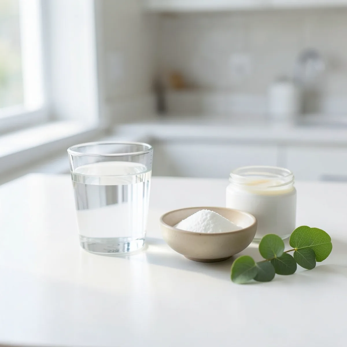 A low glass of clear water, a small beige ceramic bowl of white baking soda powder and a white ceramic jar of balm with a green eucalyptus sprig on a white kitchen counter